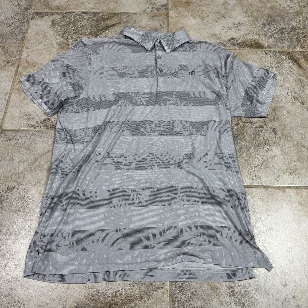 Travis Mathew Polo Shirt Men Large Grey Brekkie Short Sleeve Stripe Tropical